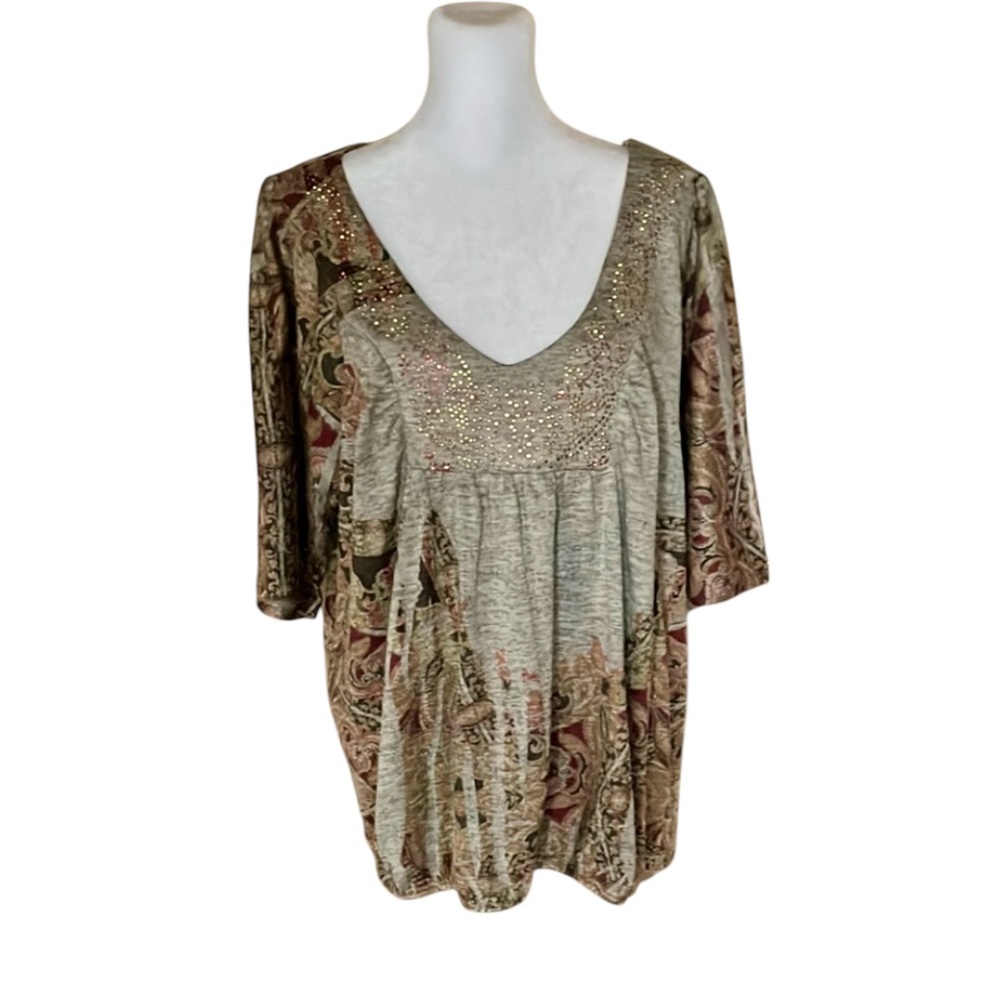 Energe World Wear Y2K Tan Beaded Boho Blouson Top Size 2X